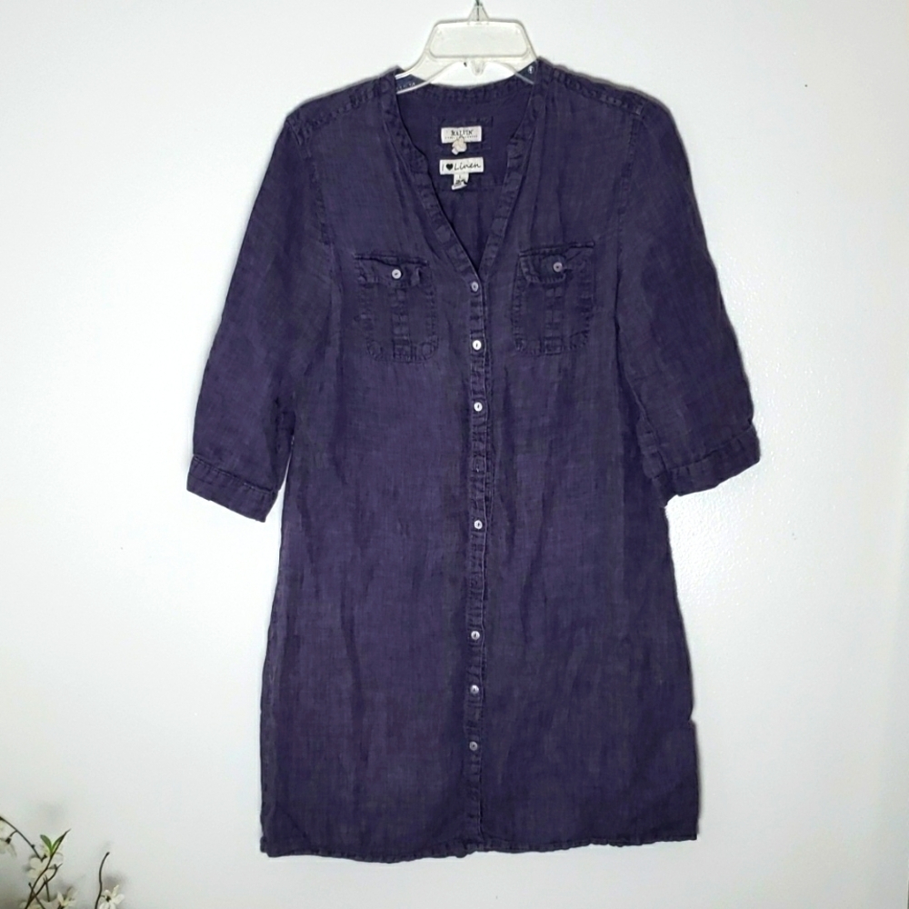 Malvin, I love linen, button down shirt dress, blue, women's size 10 or large